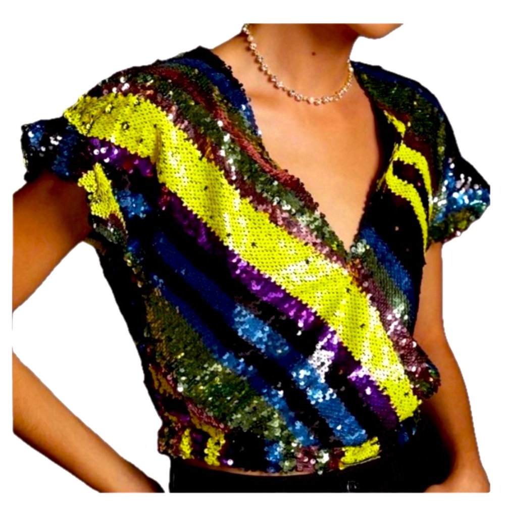 Anthropologie Rdalamal Sequin Wrap Crop Cap Sleeve Surplice Blouse